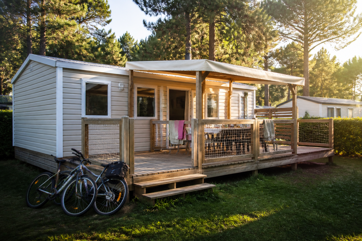 Mobilheim mit Terrasse in der Abendsonne
