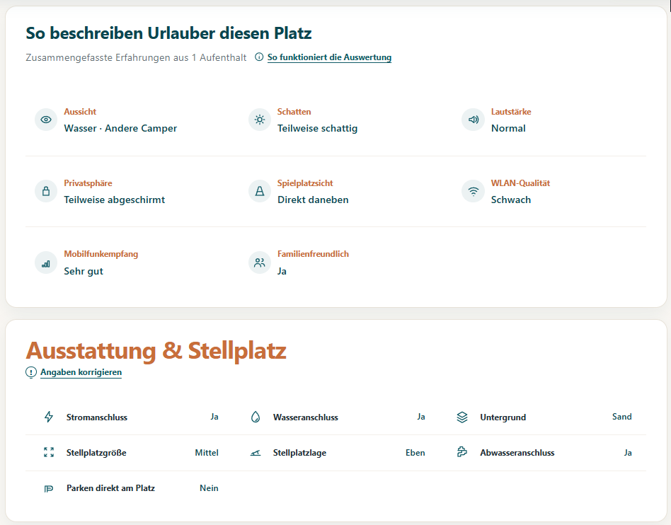 Screenshot einer ausgefüllten MyCampView-Stellplatzseite mit Erfahrungen und Ausstattungsdetails